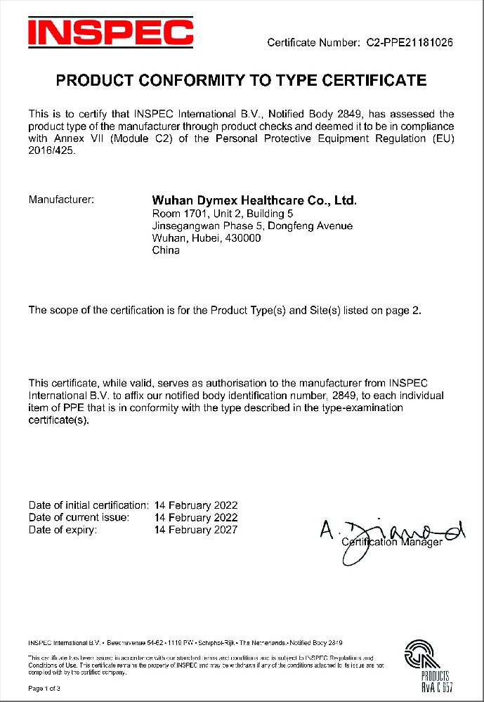 DYMEX FFP2 MODEL DHA01 CERTIFICATE